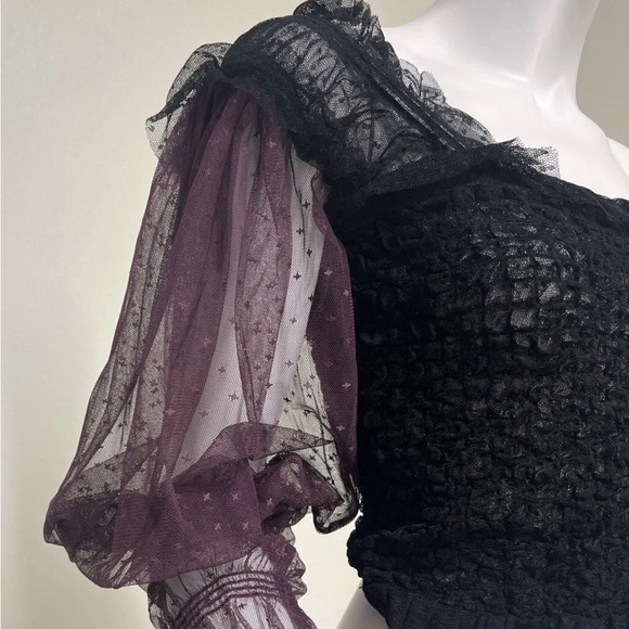 Free People Women’s Plum/Black - SZ L - Smocked Sheer Long Puff Sleeve Top - Picture 3 of 16